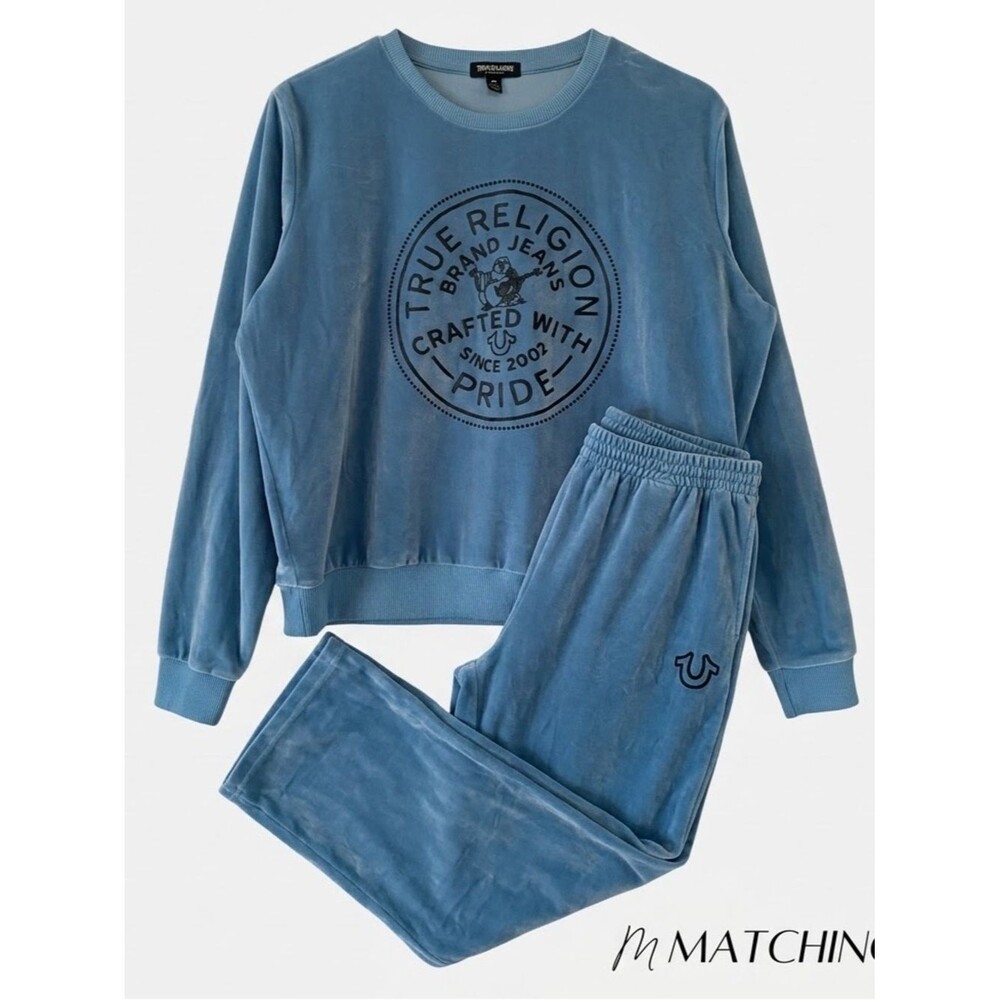 True Religion 2-piece Blue Velour Crystal Sweat & Pants XL Supper Soft Logos